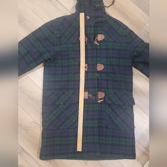 Vintage 80s LL Bean Duffle Over Coat WOOL Women's size Large Blue Green Plaid - Picture 10 of 10